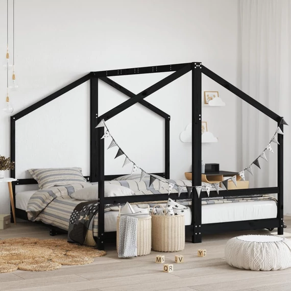 Fekete tömör fenyőfa gyerekágykeret 2 x (90 x 200) cm
