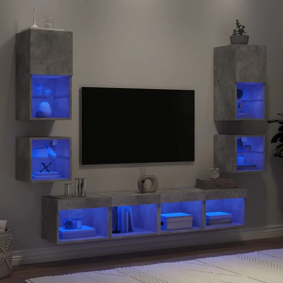 8 darab betonszürke szerelt fa fali TV-bútor LED-del