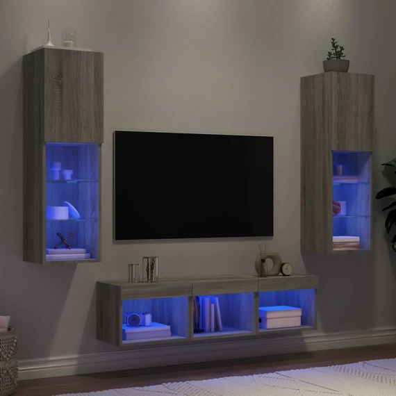 5 darab szürke sonoma színű szerelt fa fali TV-bútor LED-del