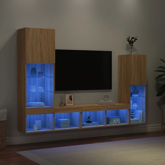 4 darab füstös tölgy színű szerelt fa TV-bútor LED-del