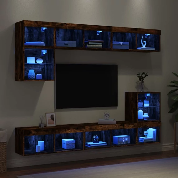 8 darab füstös tölgy színű szerelt fa TV-bútor LED-del