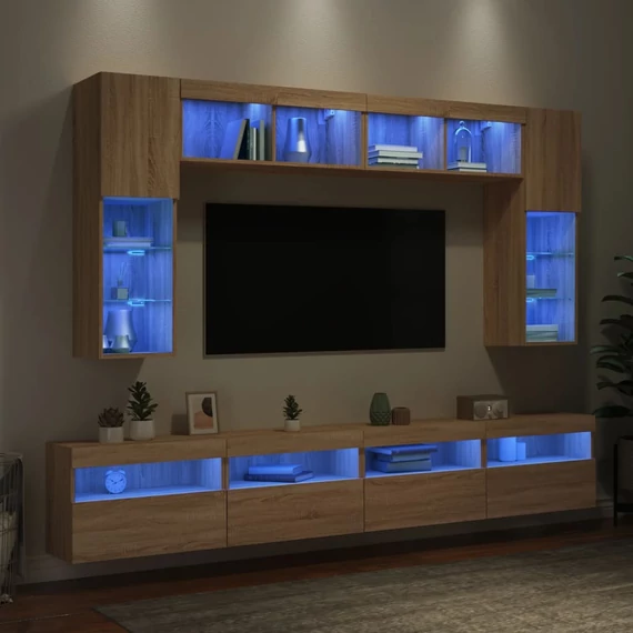 8 darab sonoma tölgy színű falra szerelhető TV-szekrény LED-del