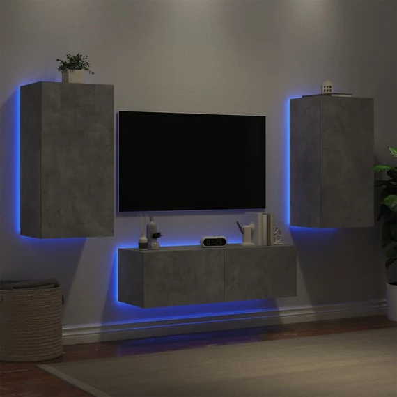 3 darab betonszürke falra szerelhető TV-szekrény LED-del