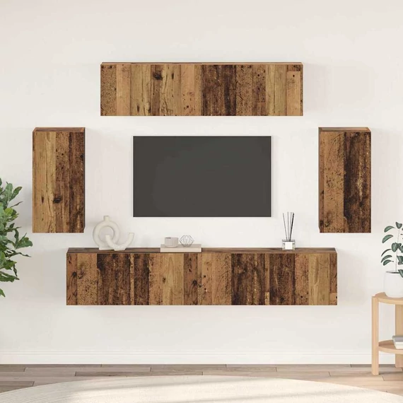 TV szekrény garnitúra Falra szerelhető tárolóval ajtóval 6 pcs Régi fa Közepes