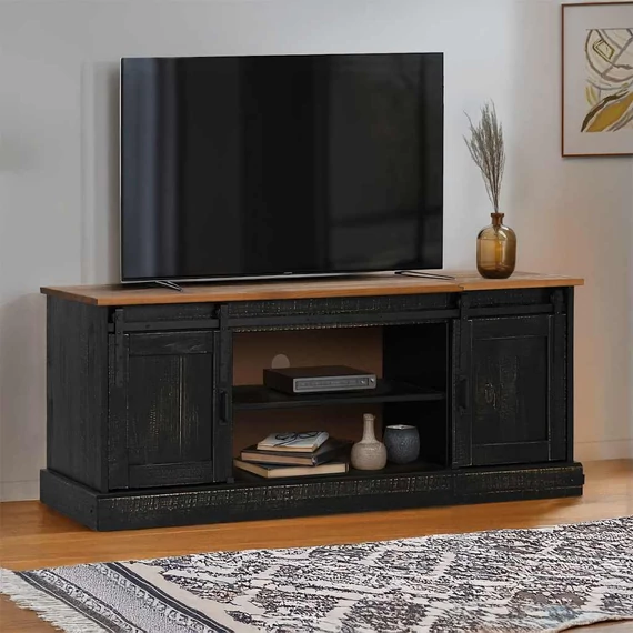 HALDEN fekete tömör fa TV szekrény 2 tolóajtóval 150x40x60 cm
