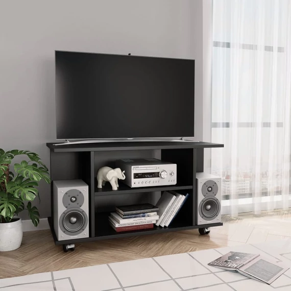 Fekete szerelt fa TV-szekrény görgőkkel 80 x 40 x 45 cm