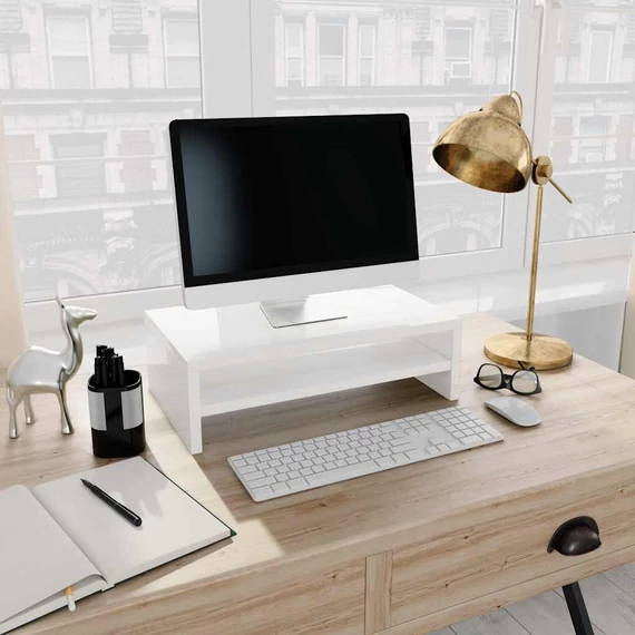 Magasfényű fehér szerelt fa monitorállvány 42 x 24 x 13 cm