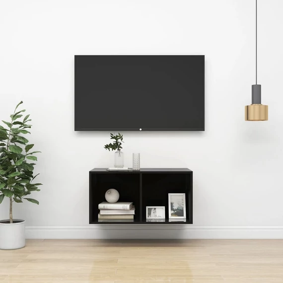 Magasfényű fekete szerelt fa fali TV-szekrény 37 x 37 x 72 cm