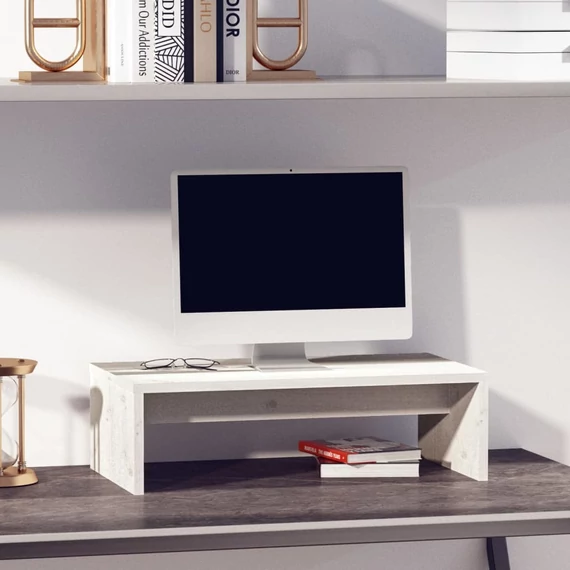 Fehér tömör fenyőfa monitorállvány 50x27x15 cm