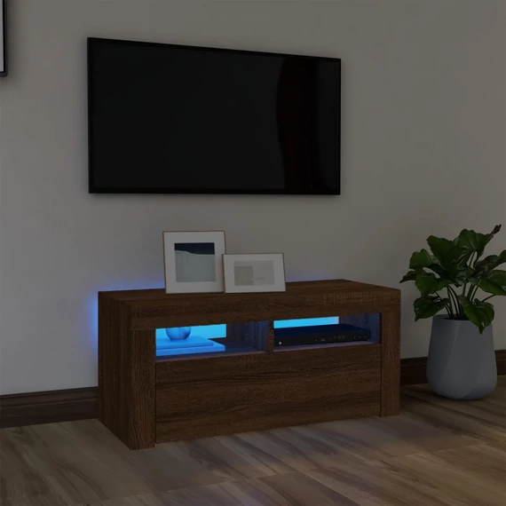 Barna tölgyszínű TV-szekrény LED-világítással 90 x 35 x 40 cm