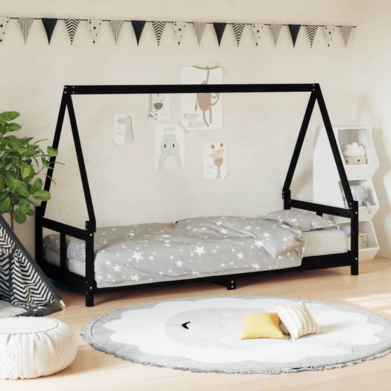 Fekete tömör fenyőfa gyerekágykeret 80 x 200 cm