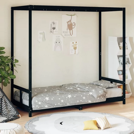Fekete tömör fenyőfa gyerekágykeret 80 x 200 cm