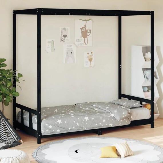 Fekete tömör fenyőfa gyerekágykeret 90 x 200 cm