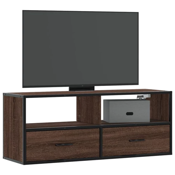 Barna tölgy színű szerelt fa és fém TV-szekrény 100x31x39,5 cm