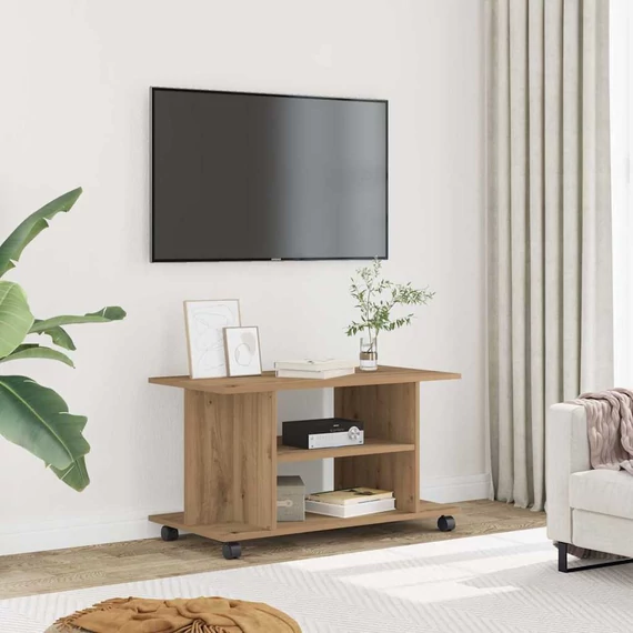 Kézműves tölgyszínű szerelt fa TV-szekrény görgőkkel 80x40x45cm