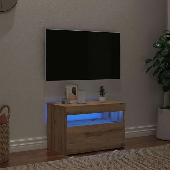 Kézműves tölgy szerelt fa TV-szekrény LED-ekkel 60x35x40 cm