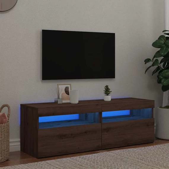 2 db kézműves tölgy színű szerelt fa TV-szekrény LED-lámpákkal