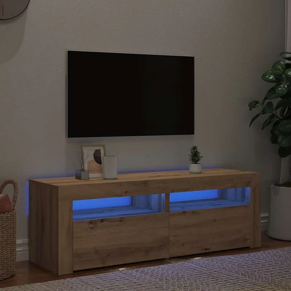 Kézműves tölgy szerelt fa TV-szekrény LED-ekkel 120x35x40 cm