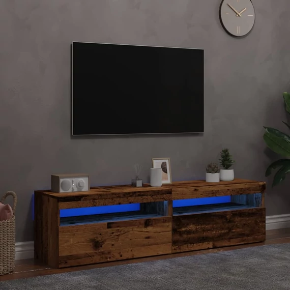 2 db antik fa színű szerelt fa TV-szekrény LED-lámpákkal