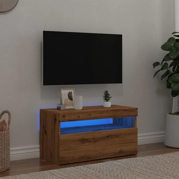 Kézműves tölgy szerelt fa TV-szekrény LED-ekkel 75x35x40 cm