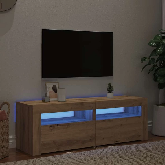 Kézműves tölgy szerelt fa TV-szekrény LED-ekkel 120x35x40 cm