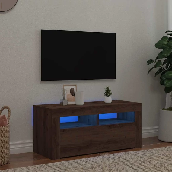 Kézműves tölgy szerelt fa TV-szekrény LED-ekkel 90x35x40 cm
