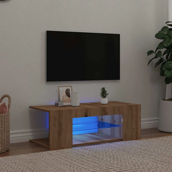 Kézműves tölgy szerelt fa TV-szekrény LED-ekkel 90x39x30 cm