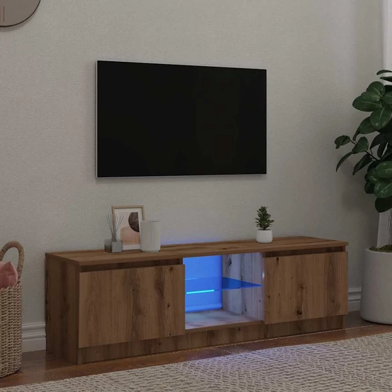 Kézműves tölgy szerelt fa TV-szekrény LED-ekkel 140x40x36 cm