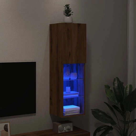 Kézműves tölgy színű TV-szekrény LED-lámpákkal 30,5x30x102 cm