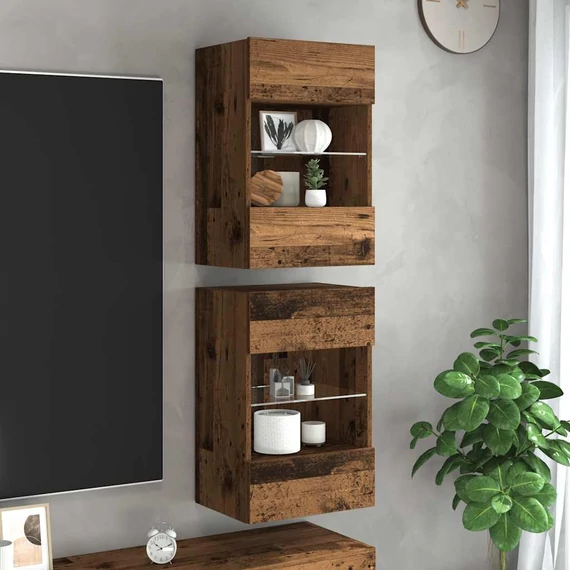 2 db antik fa fali TV-szekrény LED-világítással 40x30x60,5 cm