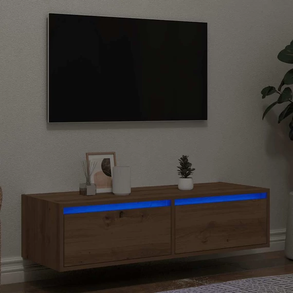 Kézműves tölgy színű TV-szekrény LED-lámpákkal 100X35,5x25 cm