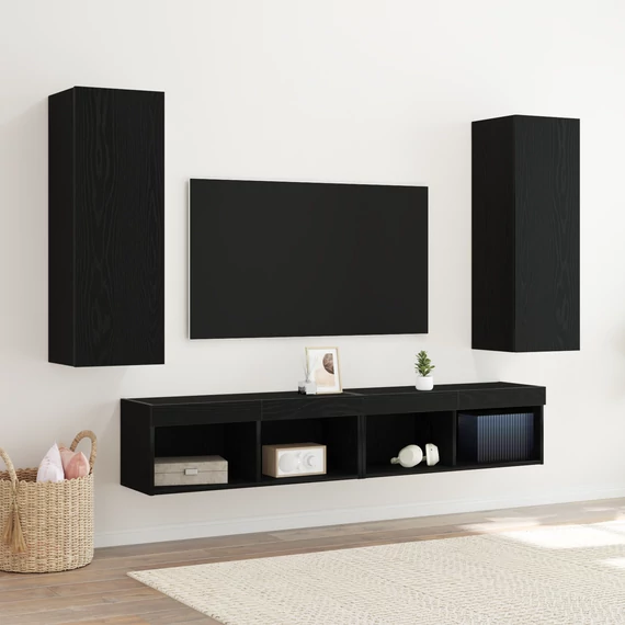 Fali TV szekrények 2 db Fekete Tölgy 30,5x30x90 cm Műanyag