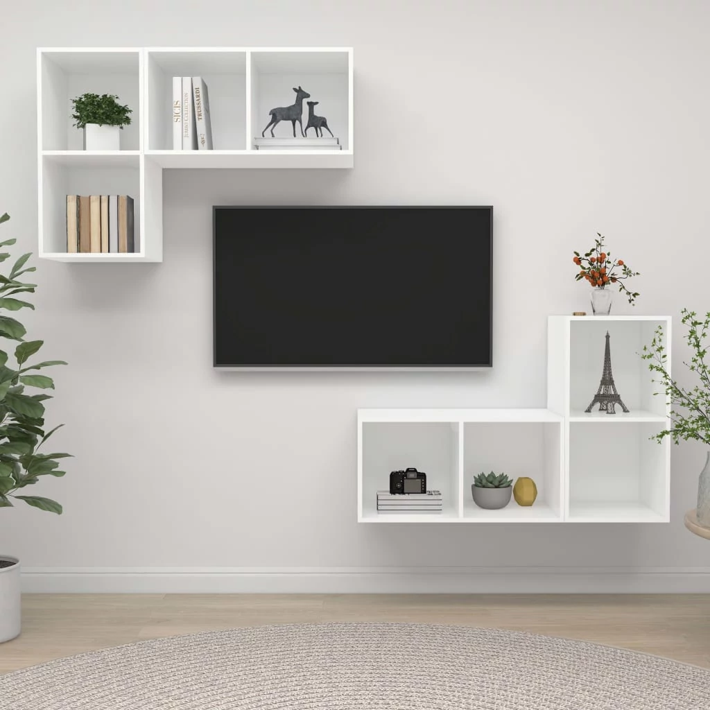 4 db fehér szerelt fa falra szerelhető TV-szekrény