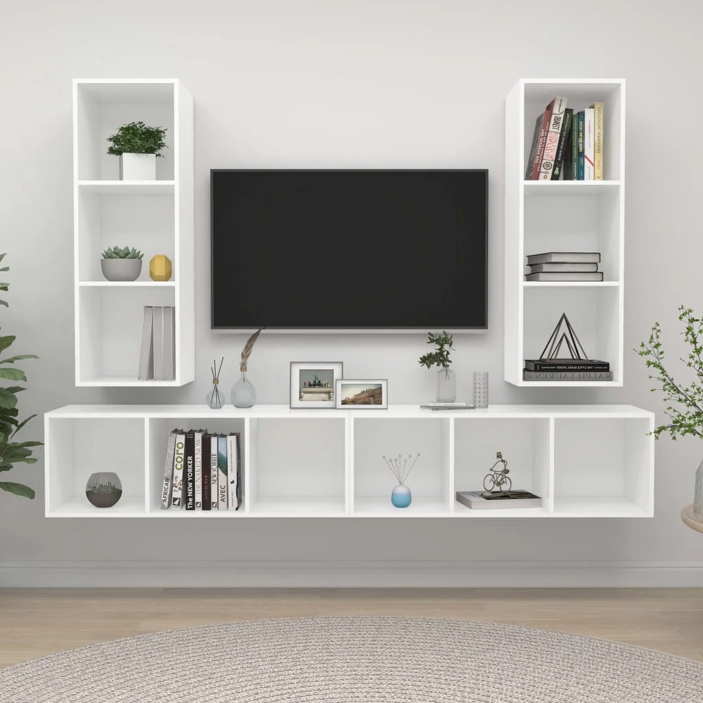 4 db fehér szerelt fa falra szerelhető TV-szekrény
