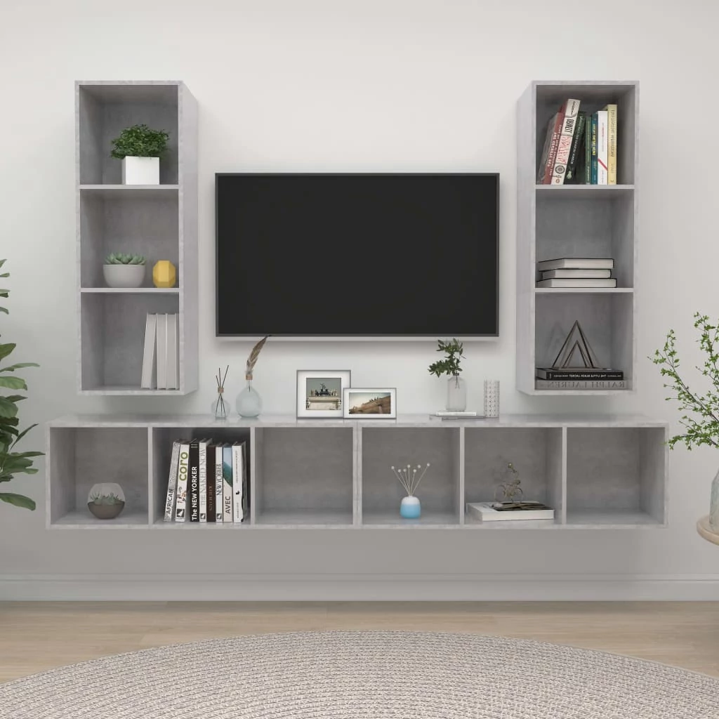 4 db betonszürke szerelt fa falra szerelhető TV-szekrény
