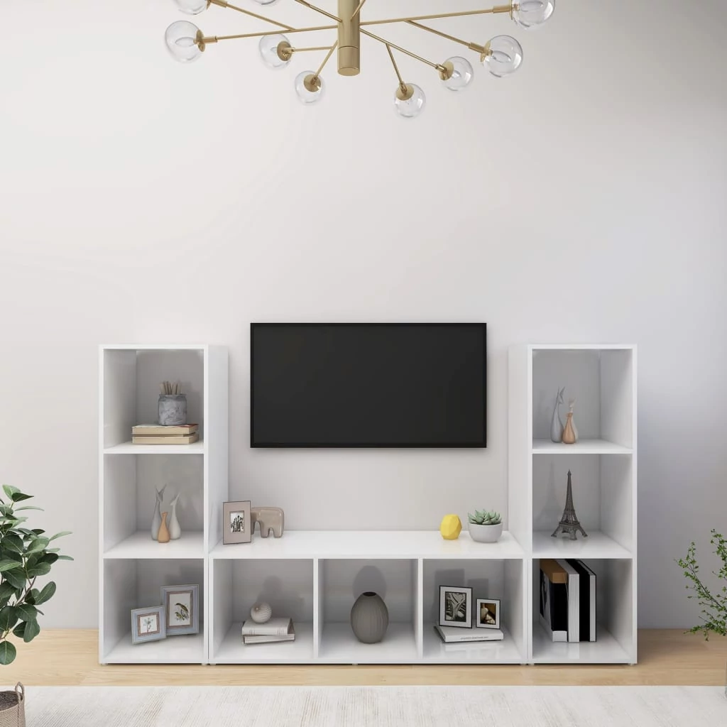 3 db fehér szerelt fa TV-szekrény 107 x 35 x 37 cm