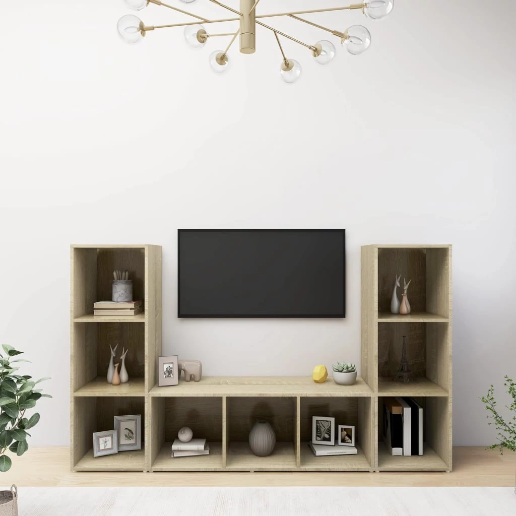 3 db sonoma tölgy színű szerelt fa TV-szekrény 107 x 35 x 37 cm