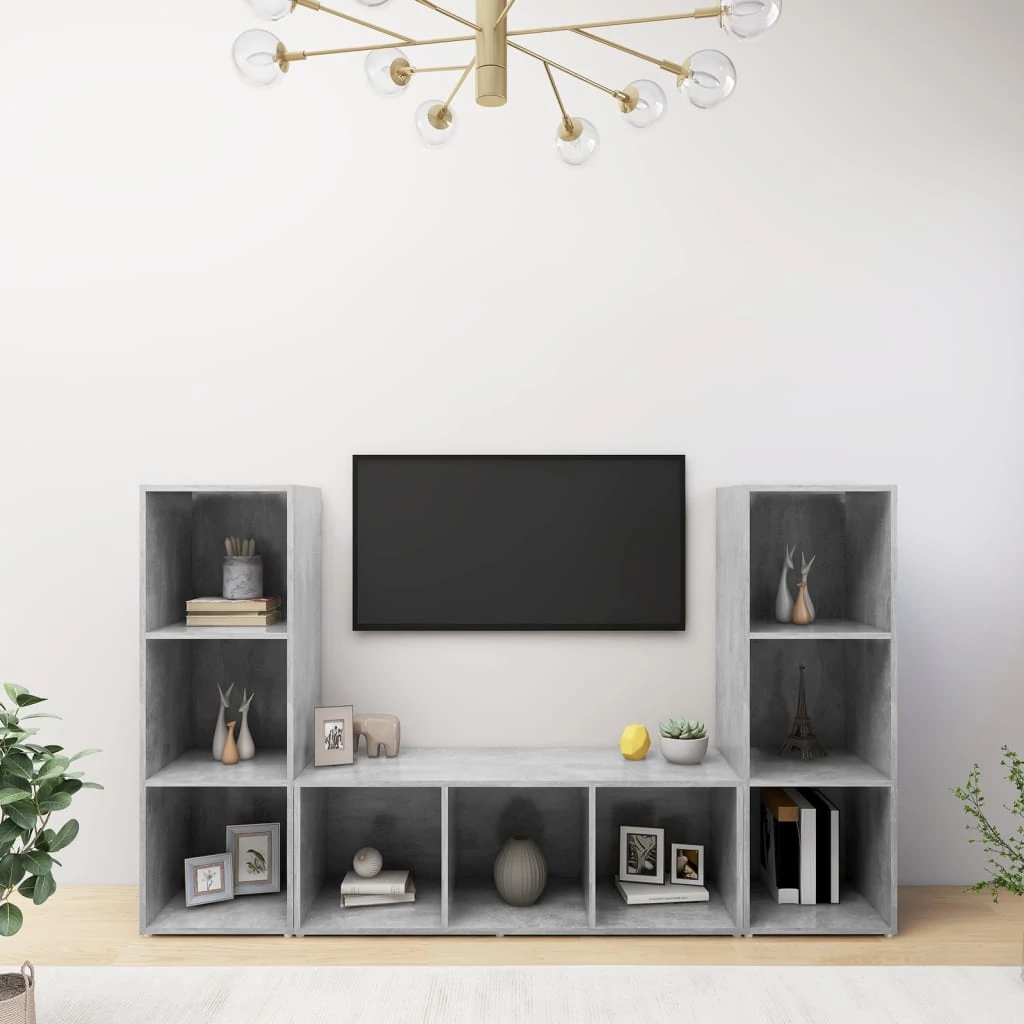 3 db betonszürke szerelt fa TV-szekrény 107 x 35 x 37 cm