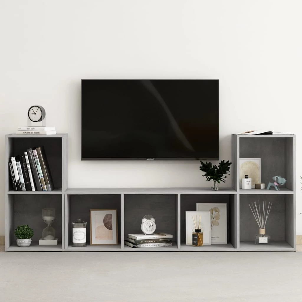 3 részes betonszürke szerelt fa TV-szekrény szett