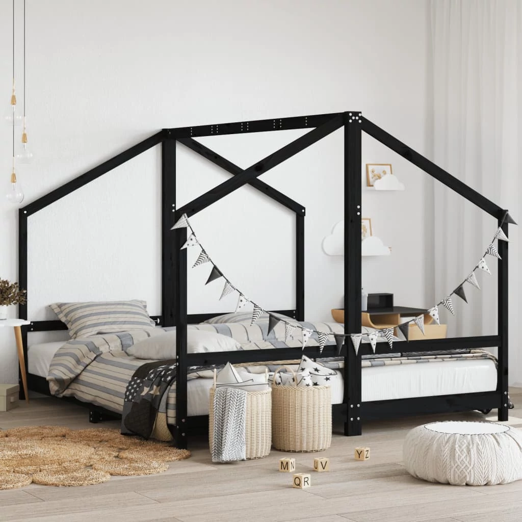Fekete tömör fenyőfa gyerekágykeret 2 x (90 x 200) cm