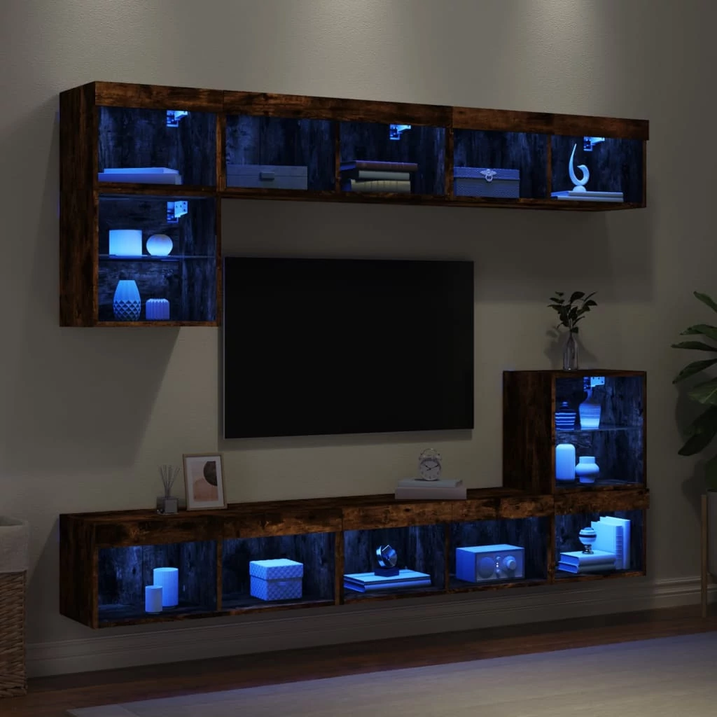 8 darab füstös tölgy színű szerelt fa TV-bútor LED-del