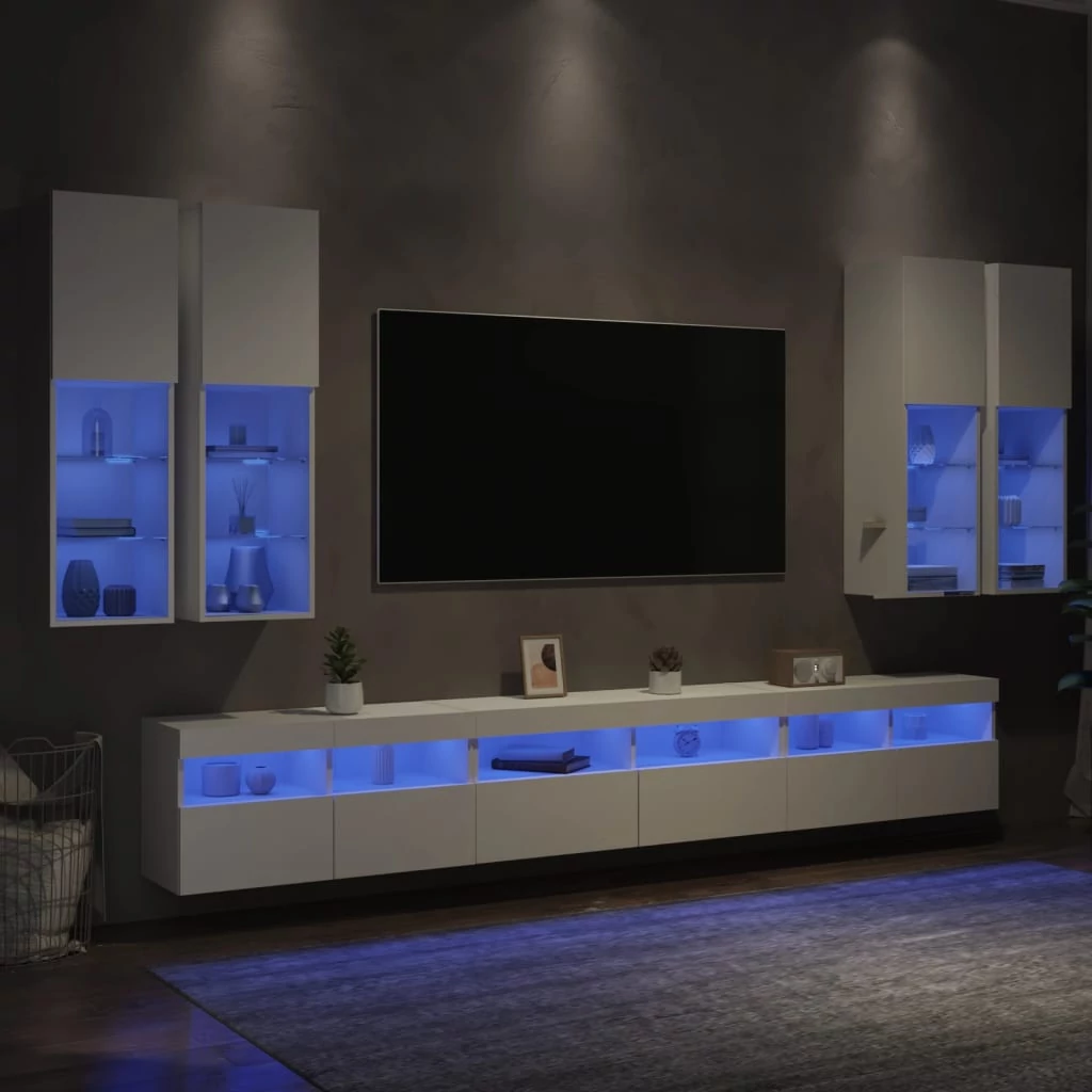 7 darabos fehér falra szerelhető TV-szekrényszett LED-ekkel