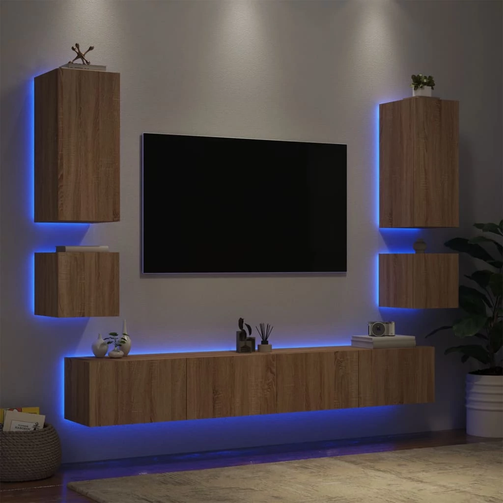6 darab sonoma tölgy színű falra szerelhető TV-szekrény LED-del