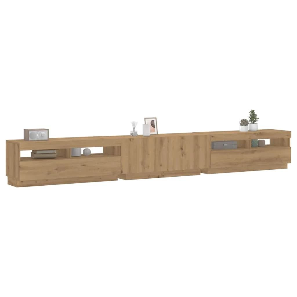 Kézműves tölgy szerelt fa TV-szekrény LED-ekkel 300x35x40 cm