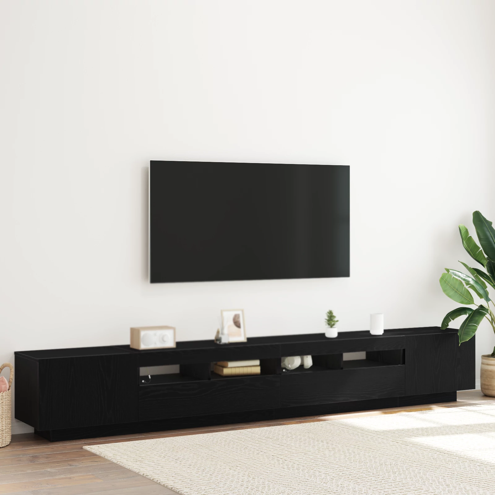 TV Szekrény LED Fénnyel Fekete Tölgy 260x35x40 cm Összeszerelve