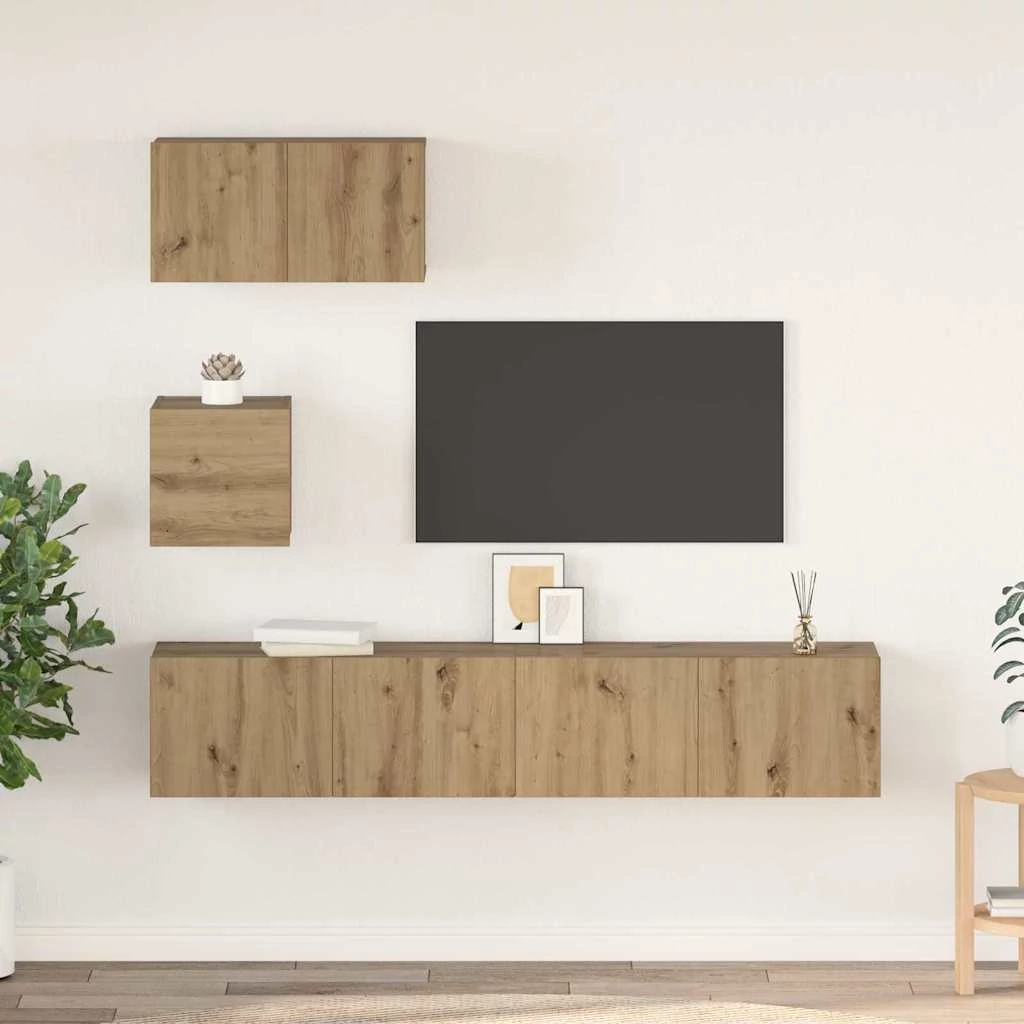 TV szekrény garnitúra polcokkal Falra szerelhető tárolóval ajtóval 4 pcs kézműves tölgy