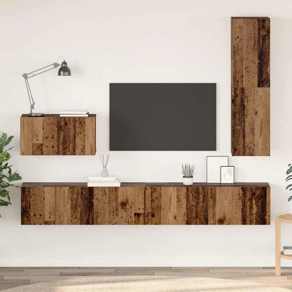 TV Szekrény Szett polcokkal 4 pcs Régi fa Közepes Faanyag