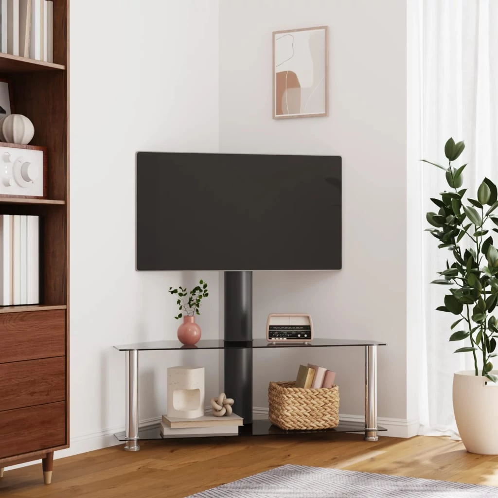 2 szintes fekete és ezüst sarok TV-állvány 32-70 hüvelyk