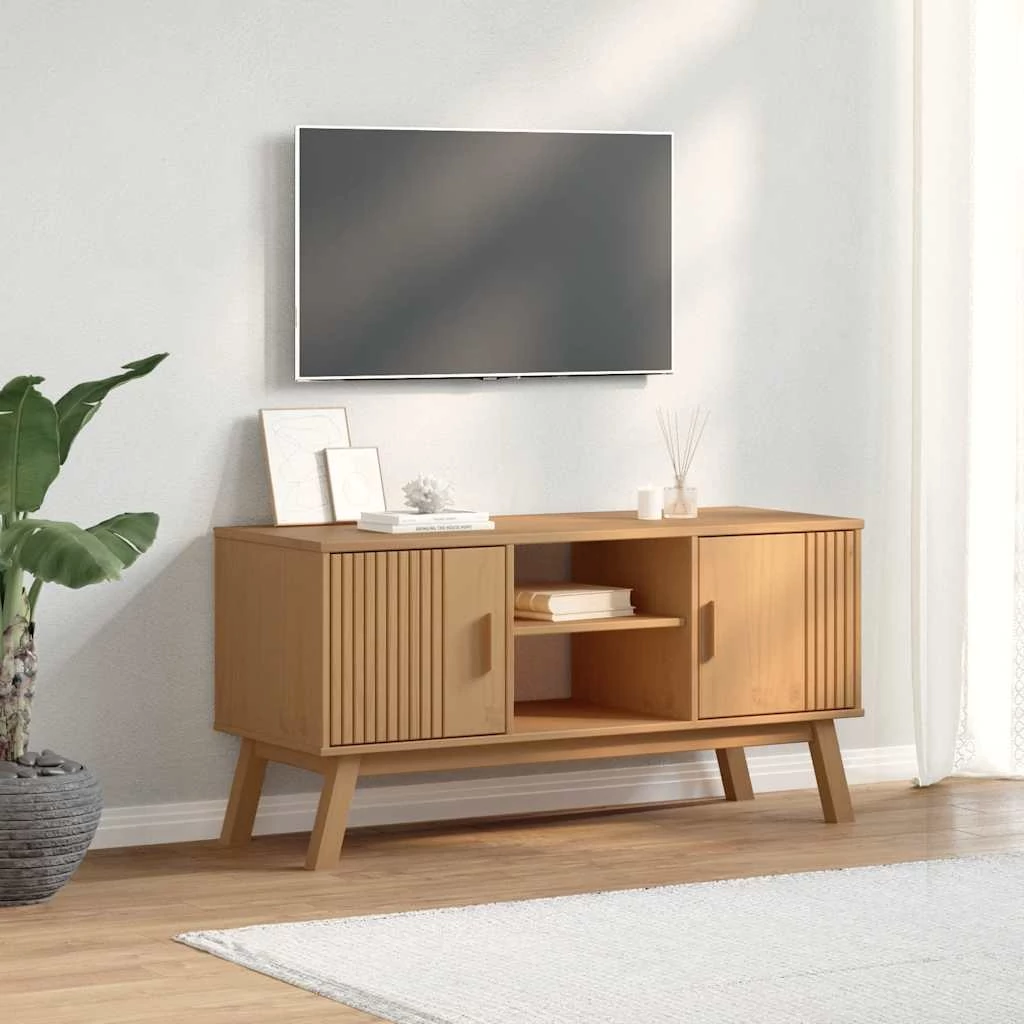OLDEN barna tömör fenyőfa TV-szekrény 114 x 43 x 57 cm
