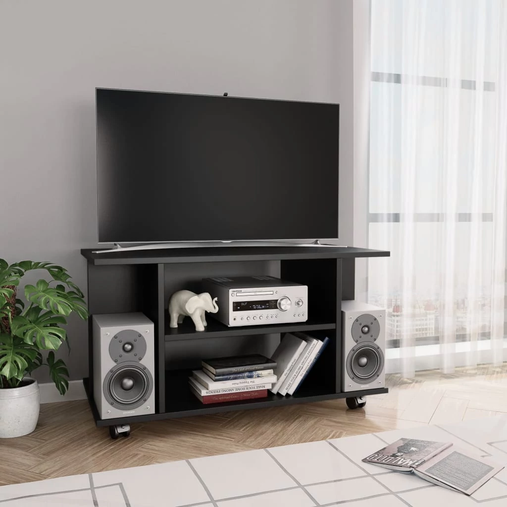 Fekete szerelt fa TV-szekrény görgőkkel 80 x 40 x 45 cm